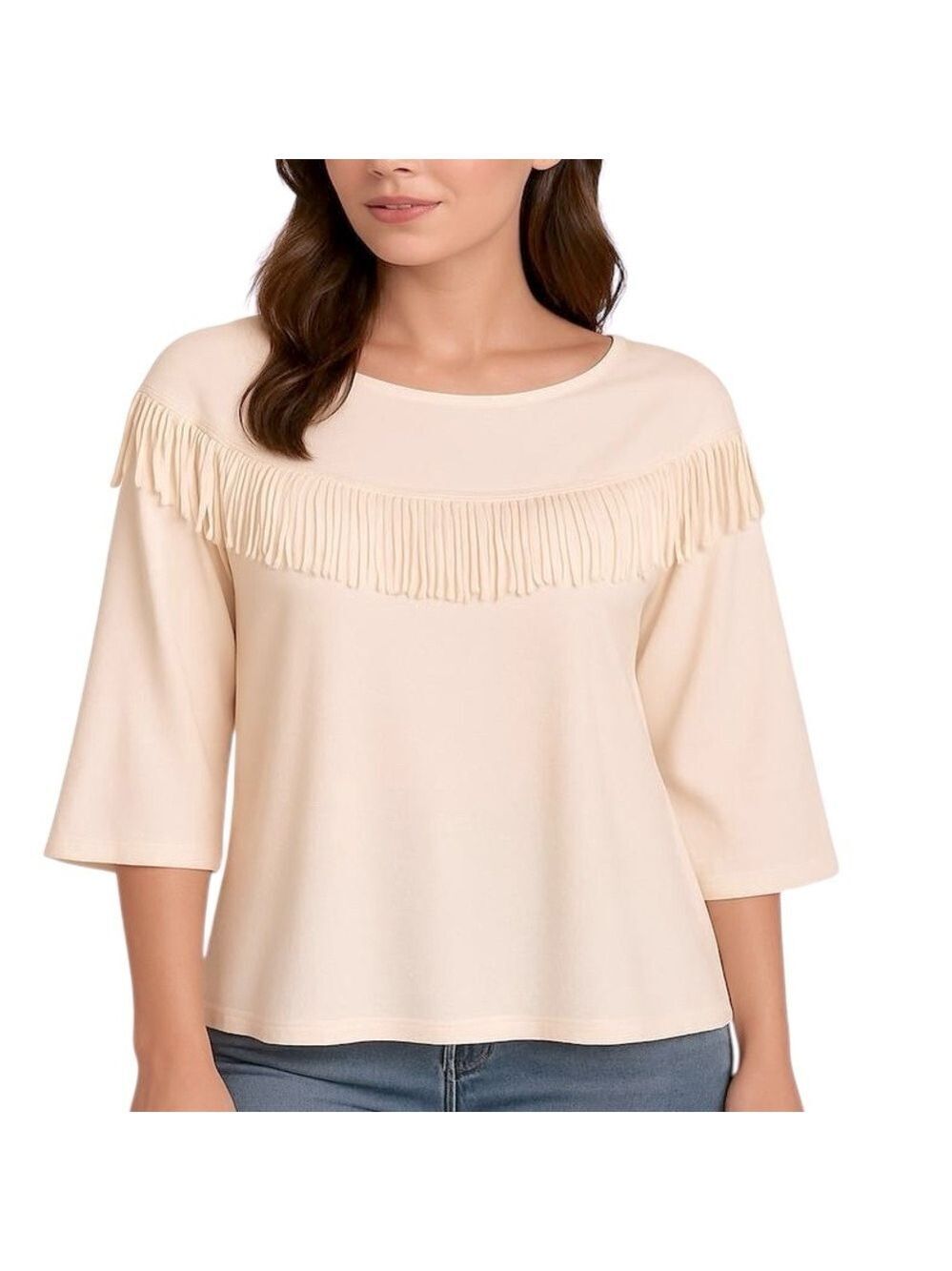 Vicki Wayne Fringed Scooped Neck Fleece Top with 3/4 Sleeves Cream Size Large